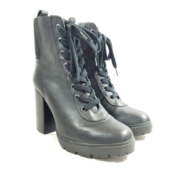 Steve Madden Womens Size 9 Black Leather Lace-Up Block High Heel Ankle Boots - Picture 1 of 9